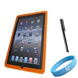 Silicone Skin Orange Case for Apple iPad + Black Stylus + Wristband