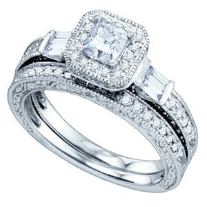 1 1/5 Carat Princess Baguette Round Diamond 14k White Gold Bridal Set Ring 1 1/5 Carat Princess Baguette Round Diamond 14k White Gold Bridal Set Ring