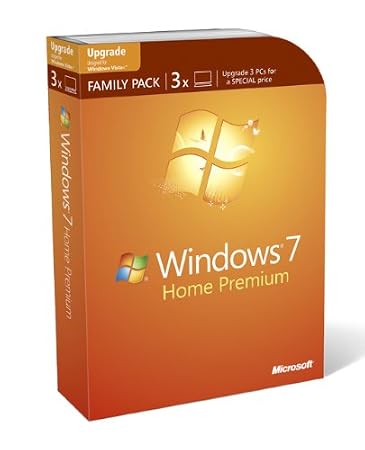 Microsoft Windows 7 Home Premium Upgrade Family Pack for XP or Vista users, 3 User Licence (PC DVD)