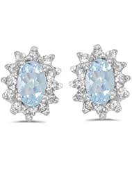 Birthstone Company 14k White Gold Oval Aquamarine And Diamond Earrings