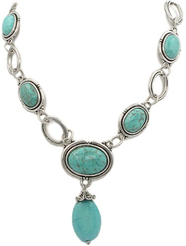 GEMSTONE JEWELRY - Oval Stabilized Turquoise Silver Finish Necklace LIMITED QUANTITY