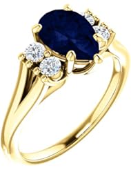 18K Yellow Gold 9.00x6.00mm Pear Cut Chatham Created Sapphire and Diamond Ring -- LIFETIME WARRANTY