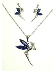 kala-isjewels- Silver Sterling Ladies Blue Sapphire CZ Fairies Pendant(1") and Earrings (0,78" )Set and Chain (17,71" ).