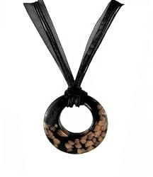 Necklace - N120 - Open Round Murano Glass ~ Black and Copper hung on 5 Strand Organza and Cotton Cord + 2" Extension Chain