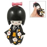 Desk Decoration Engraved Flower Pattern Black Kimono Kokeshi Doll
