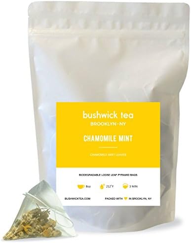 Bushwick Tea 100 Chamomile Mint Herbal Loose Leaf Biodegradable Pyramid Tea Bag Sachets Special Promotion. 100 Cups