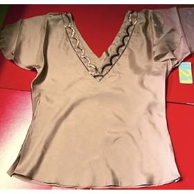Forever 21 Women v neck silk top /sleeves Taupe -golden Small