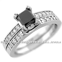 Princess-cut Black Diamond Engagement Ring Set 14k White Gold
