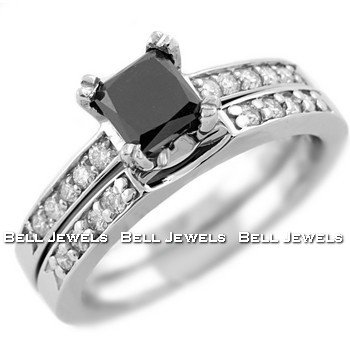 Princess-cut Black Diamond Engagement Ring Set 14k White Gold