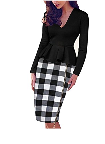Viwenni® Women Long Sleeve V Neck Peplum Zip Tunic Business Pencil Dress