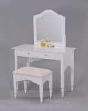 New White Finish Wood Vanity Table Set with Bench