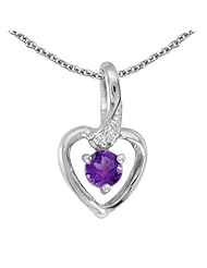 10k White Gold Round Amethyst And Diamond Heart Pendant with 16" Chain