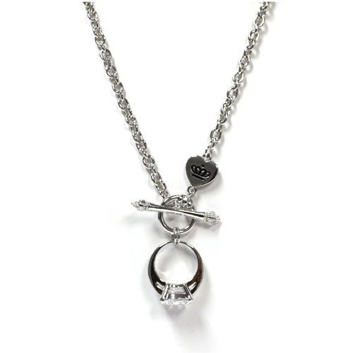 Fashion Ring Shape Pendant Necklace Silver Metal with Clear Rhinestones Ring
