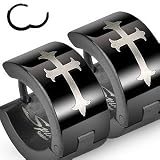 316L Stainless Steel Black "Hinged Snap" Huggie Earrings with Gothic Medieval Cross Print - 14mm Length, 7mm Width - Sold as a Pair