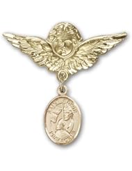14K Gold Baby Badge with St. Edwin Charm and Angel with Wings Badge Pin