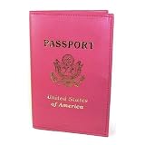 Embossed Leather Passport Holder Cover (Dark Pink w/Gold)