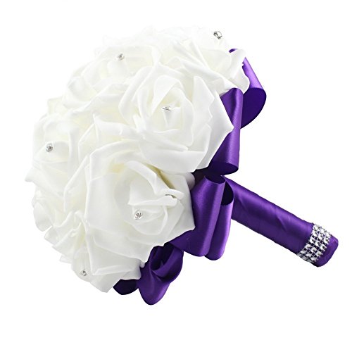 OurWarm® Purple Crystal Roses Pearl Bridal Bridesmaid Wedding Bouquet Artificial Silk Flowers with 1pcs Glue Stick