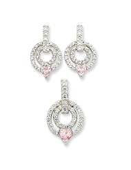 Sterling Silver Pink & Clear Cz Earrings And Pendant Set