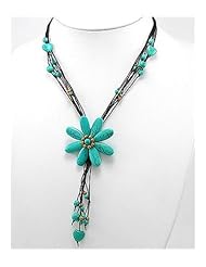 Flower Cotton Waxed Thread Turquoise Necklace In Brass