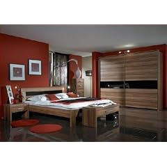 KOMPLETTES SCHLAFZIMMER BETT KLEIDERScHRANK NUSSBAUM SCHWARZGLAS