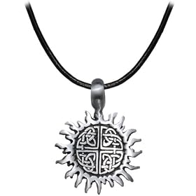 Black Leather Adjustable Pewter Celtic Sun Necklace