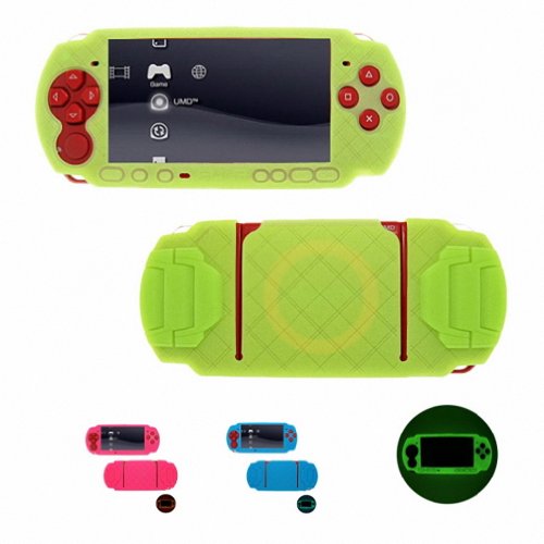 GREEN GLOW in DARK Sony Playstation Portable PSP Slim 3000 Cross Pattern Anti-Slip Silicone Case Skin Protector Cover+ Free Screen Protector (Many Colors Available)