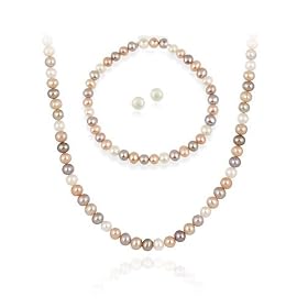 Sterling Silver 5.5-6mm Genuine Freshwater Cultured Multi-Color Pearl Necklace Bracelet & Stud Earring Set