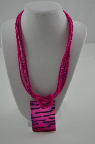 Necklace SQ Shell Pendant with Beads Zebra Design Pink/BLK3 exten