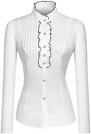 Zerdocean Women Elegant Stand Collar Lotus Leaf Ruffle OL Top Blouse Shirt White US 0