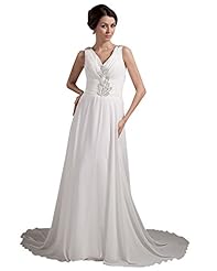 A-line V-neck Floor Length Natural   Waistline Chiffon Lace Beaded  Dress with a Watteau Train 