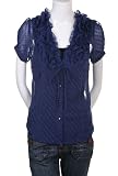 Poppy Garden Swiss Dot Ruffle Neck Sheer Blouse Top Blue S
