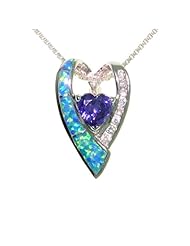 Sterling Silver Created Blue Opal and Clear and Purple Cubic Zirconia Double Heart Pendant with 18 Inch Box Chain Necklace
