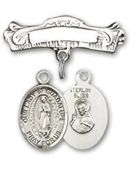Sterling Silver Baby Badge with Our Lady of Guadalupe Charm and Arched Polished Badge Pin