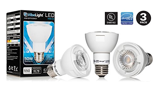[3-Pack] Dimmable PAR20 LED Light Bulb by VibeLight – 50 Watt Replacement (6.5 Watts, 550 Lumens), 3000K, Medium Base (E26), 36° Beam Angle, in Home Lighting – Warm Glow, UL-Listed, Energy Star Rated