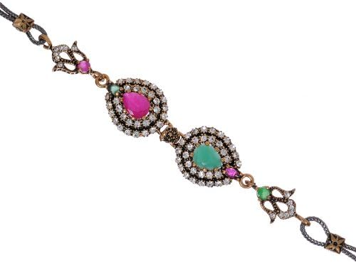 Antique Diamond Accent Two Head Pear Drop Shape Emerald Ruby Gemstone Filigree Floral Chain Vintage Hurrem Sultan Bracelet