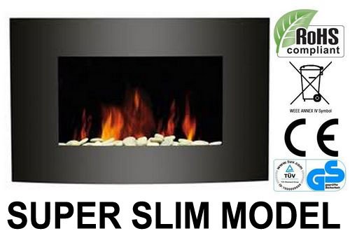 Buy 2012 KMS New Medium Wall Mounted Electric Fire Place Fireplace Heater with Black Curved Glass Screen Plasma Style 1800W MAX Promo Offer