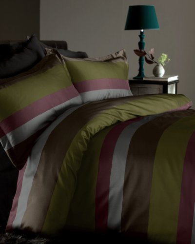 Luxury Durban Multi Stripe Faux Silk Satin Polyester Bedding Duvet Quilt Cover Set, Green - Double Size