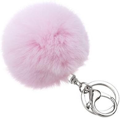 Fashion Soft Elegant Real Rabbit Fur Ball Silver Keychain Handbag Key Rings,Pink