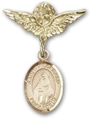 14K Gold Baby Badge with St. Hildegard Von Bingen Charm and Angel with Wings Badge Pin