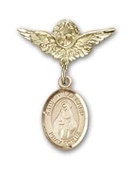 Gold Filled Baby Badge with St. Hildegard Von Bingen Charm and Angel with Wings Badge Pin