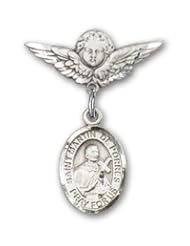 Sterling Silver Baby Badge with St. Martin de Porres Charm and Angel with Wings Badge Pin