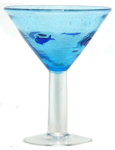 Hand Blown Glass Blue Fish Martini Glass 6.25