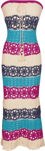 Cotton Crochet Striped Summer Maxi Tube Dress Sundress Junior and Junior Plus Size, Size: Small, Color: Turquoise/Fuchsia/Navy/Cream