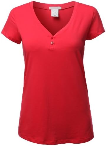 Doublju Plus Womens Basic Short Sleeve Loose Fit V-Neck Henley T-Shirt Plus Size Coral XXL