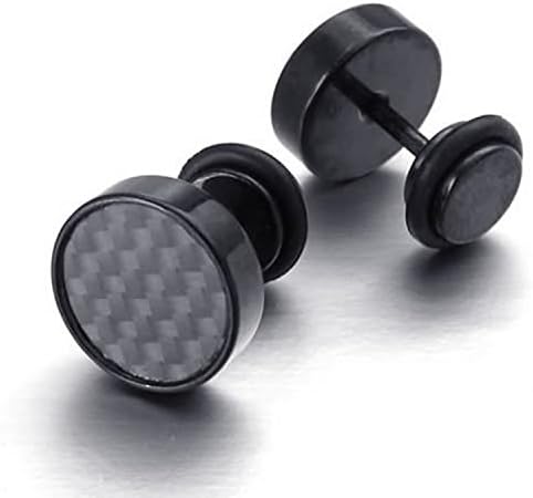 WVICTOR Jewelry Mens Stainless Steel Carbon Fiber Stud Earrings, 10mm, Black