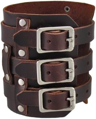 Brown Leather 3 Strap Gauntlet Wristband Chrome Rivets