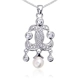 Aristocratic and Elegant: Sterling Silver entwined Fleur de lis Style Chandelier Pendant with White Cultured Pearls and CZ Diamond