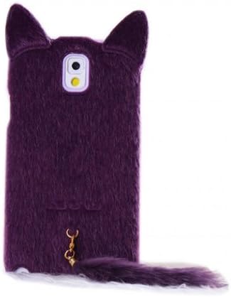 DE New Fashion Cartoon Animal Series Purple With Fluffy Plush Tail Fur Ear Cat Style Plush + TPU Soft Case Cover Shell Compatible for Samsung Galaxy Note 3 III N9000