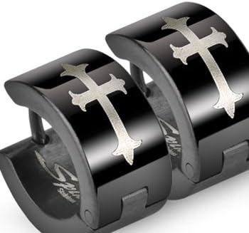 Spikes 316L Stainless Steel Black Hinged Wide Hoop Earring with Gothic Medieval Cross Print