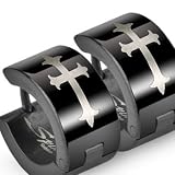 Spikes 316L Stainless Steel Black Hinged Wide Hoop Earring with Gothic Medieval Cross Print